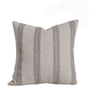 Kaya linen blend cushion cover with  vertical stripes in neutral beige and grey. Contemporary throw pillow for layering on sofas and beds.