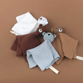 Handmade Little Bear crochet comforter made from organic cotton gauze, resting softly on a neutral background—perfect for newborn snuggles.