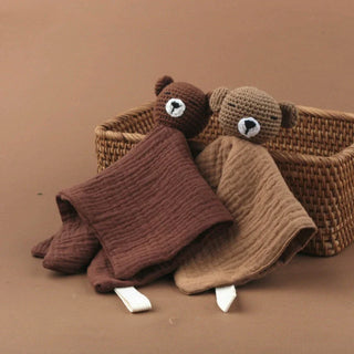 Handmade Little Bear crochet comforter made from organic cotton gauze, resting softly on a neutral background—perfect for newborn snuggles.