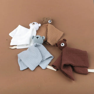 Handmade Little Bear crochet comforter made from organic cotton gauze, resting softly on a neutral background—perfect for newborn snuggles.