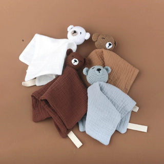 Handmade Little Bear crochet comforter made from organic cotton gauze, resting softly on a neutral background—perfect for newborn snuggles.