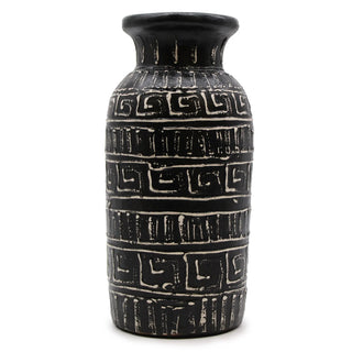 Black straight terracotta vase with contrasting geometric patterns and a traditional handcrafted finish.