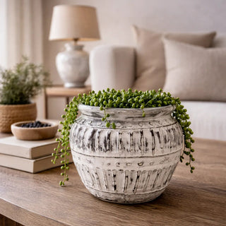 A round, textured ceramic planter with a distressed white and gray finish, filled with trailing green succulent plants, displayed on a wooden coffee table in a cozy living room setting.