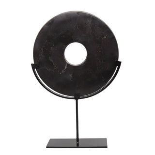 Black marble disc ornament with natural veining, mounted on a sleek minimalist metal stand — perfect for modern organic and sculptural home styling.