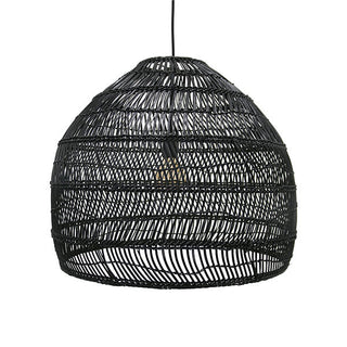 Black rattan pendant light with a minimalist dome silhouette and warm woven texture.
