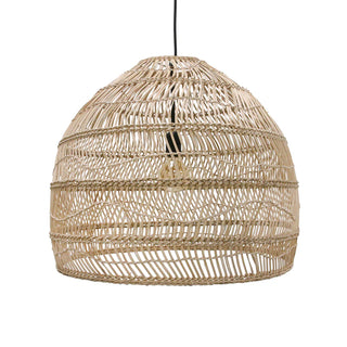 Natural rattan pendant light with a minimalist dome silhouette and warm woven texture.