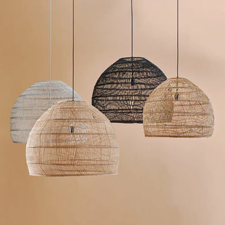 Minimalist bell-shaped rattan pendant lights in natural and black for coastal and contemporary interiors.