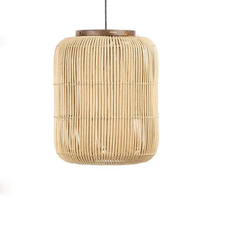Natural rattan and teak pendant light with organic shape — handmade ceiling lamp for minimalist or coastal interiors.