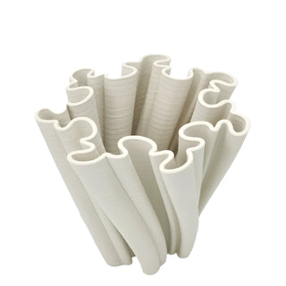A sculptural, white decorative centerpiece bowl with an intricate, undulating design. The bowl's structure features twisted, fluted elements that create a dynamic, flowing appearance. The design is modern and minimalist, adding an artistic touch to home decor.