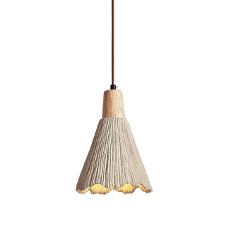 Modern cement pendant lights with wood detail and organic texture.
