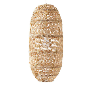 Natural rattan pendant with a minimalist woven texture and long tubular shade.