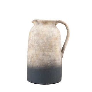 Rustic pitcher vase in natural clay and black with a weathered ombré finish.