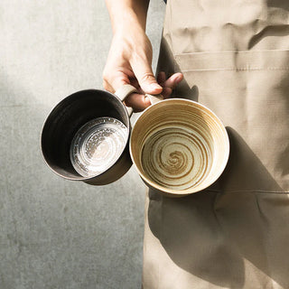 Handmade Japanese ceramic stoneware Miri Coffee Set with a glazed swirl speckled cup and saucer. Perfect for milk, tea, or coffee.