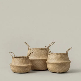 Handwoven seagrass storage baskets with handles. Natural belly baskets for blankets, toys and home storage.
