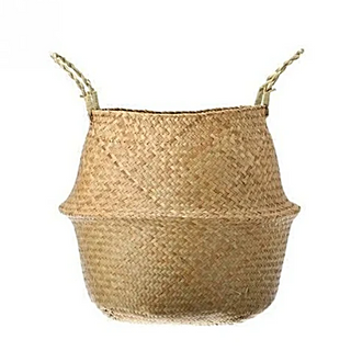 Handwoven natural seagrass storage basket with handles, perfect as stylish hanging baskets, pot planters, or decorative storage solution. These eco-friendly baskets add a touch of natural home décor while keeping your space organized. Shop handcrafted storage baskets at our natural homeware store.