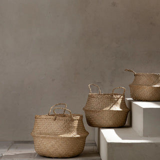 Small, medium and large natural handwoven seagrass baskets - ideal for minimalist and boho storage or decorative use.