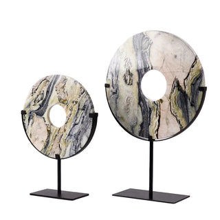 Solid marble decorative sculpture with natural stone veining, available in two sizes.