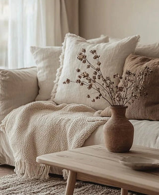 Scandi boho living room interior styled with linen sofa, neutral textured cushions and rustic ceramic vase.