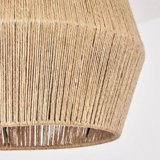 Detail of Sarinah natural handwoven jute pendant light with wire frame – minimalist lighting for Boho or modern interiors.