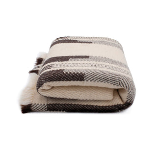 Thick virgin wool blanket in creme and brown featuring a traditional geometric pattern.