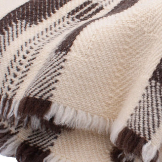 Natural virgin wool blanket with woven pattern in white and brown.