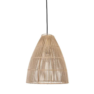 Handwoven natural bamboo pendant light with bell shape and neutral tones, perfect for Scandi and minimalist interiors.