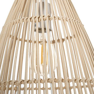 Handwoven natural bamboo pendant light with bell shape and neutral tones, perfect for Scandi, Boho and minimalist interiors.