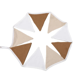 Handcrafted cotton flag bunting banner in warm beiges and browns for nursery or party decoration.