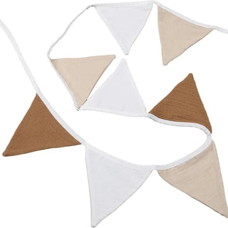 Handcrafted cotton flag bunting banner in warm beiges and browns for nursery or party decoration.