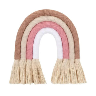 Handmade macrame rainbow wall hanging in soft pastel tones - modern, boho-inspired nursery decoration.