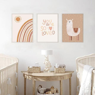 Boho nursery canvas art print with alpaca, rainbow and unicorn design. Colourful kids wall art on canvas for nursery or play room.