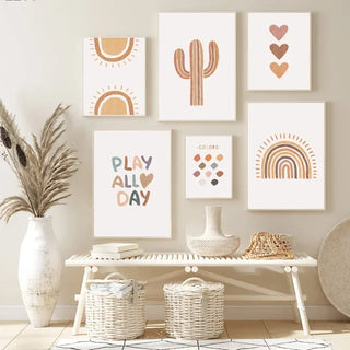 Boho nursery canvas art print with alpaca, rainbow and unicorn design. Colourful kids wall art on canvas for nursery or play room.