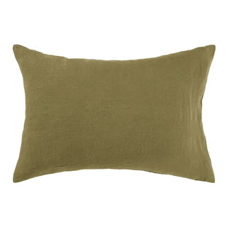 Olive green pure linen standard pillowcase with envelope closure, available from Arkaim Home in a variety of sizes and soft, pastel colours. Perfect for styling a relaxed, all-season bedroom look.