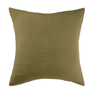 Olive green pure linen square pillowcase with envelope closure, available from Arkaim Home in a variety of sizes and soft, pastel colours. Perfect for styling a relaxed, all-season bedroom look.