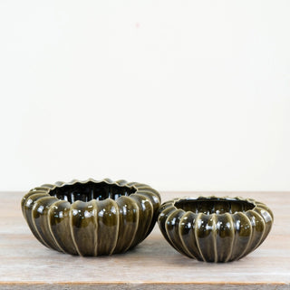 Decorative olive ceramic bowls with rounded textured form for coffee table, console or shelf styling