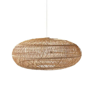 Handwoven natural rattan pendant light with oval shape, ideal for Boho, coastal, or Scandinavian interior lighting.