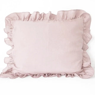Ruffled natural linen pillowcase in pink, made from 100% flax linen – available in multiple colours and sizes from Arkaim Home.