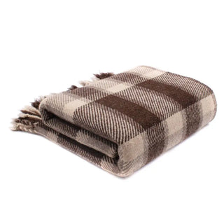 Pure wool blanket with brown and beige plaid pattern.
