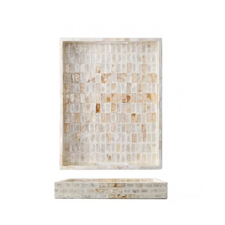 Beautifully crafted decorative and serving tray with intricate shell inlay, perfect as a centrepiece for coffee or dining tables. This elegant mosaic design tray is ideal for displaying candles, flowers, or decorative objects. Multi-purpose and practical, it can be used as a tea serving tray or hostess tray. A wonderful gift idea for any occasion, combining both style and functionality.