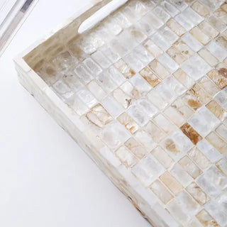 Rectangular decorative tray with mother of pearl inlay, perfect for serving or styling in coastal or elegant home décor.