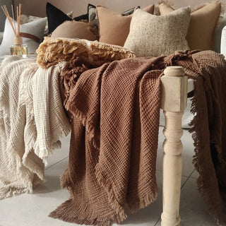 Reu Fringed Cotton Throw / Chocolate