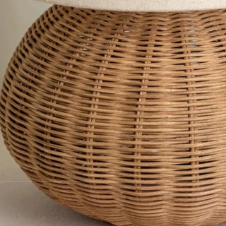 Close up of round wicker table lamp base.
