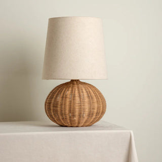 Natural rattan globe table lamp for modern, Boho and minimalist interiors.