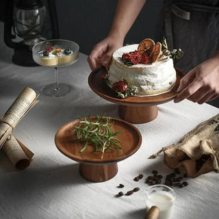 Round wooden pedestal cake stand for displaying cakes, deserts, fruits and snacks, Arkaim Home