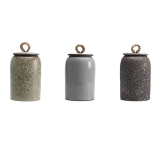 Textured ceramic canisters with natural rope detail for storing tea, coffee, sugar and spices.