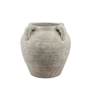 Rustic urn vase with matte texture and loop handles.