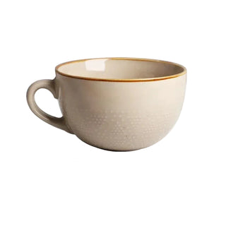 Large beige ceramic coffee cup with dotted pattern and glossy finish - ideal for hot drinks, soup, or cereal.