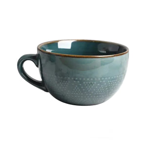Large teal blue ceramic mug with dotted pattern and glossy finish - ideal for hot drinks, soup, or cereal.