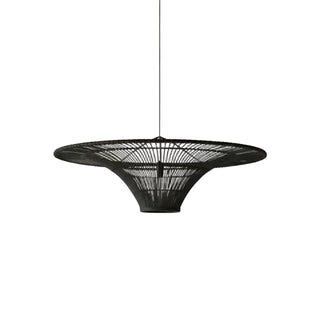Contemporary black woven pendant light with sculptural funnel shape and natural texture.