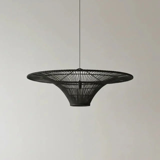Contemporary black woven pendant light with sculptural funnel shape and natural texture.